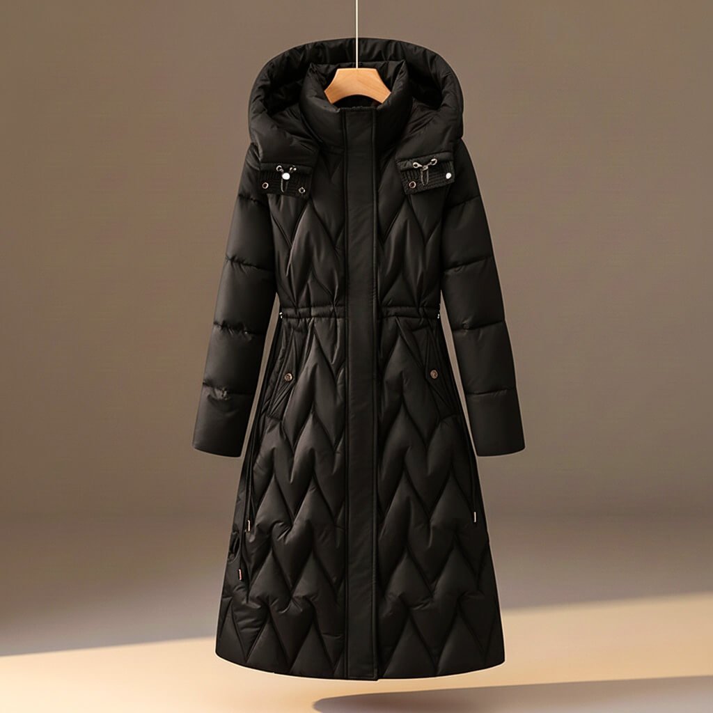 Chloe | Women's Long Quilted Hooded Coat with Cinched Waist