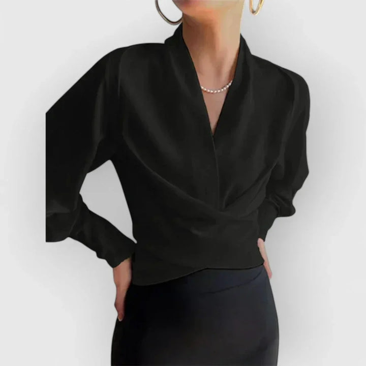 Draped Wrap Front Long Sleeve Fitted Blouse