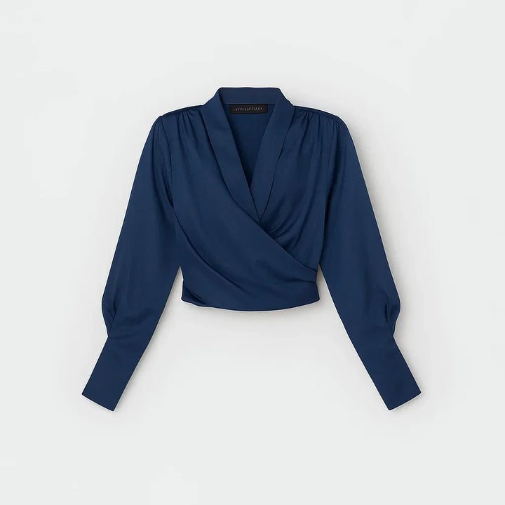 Draped Wrap Front Long Sleeve Fitted Blouse