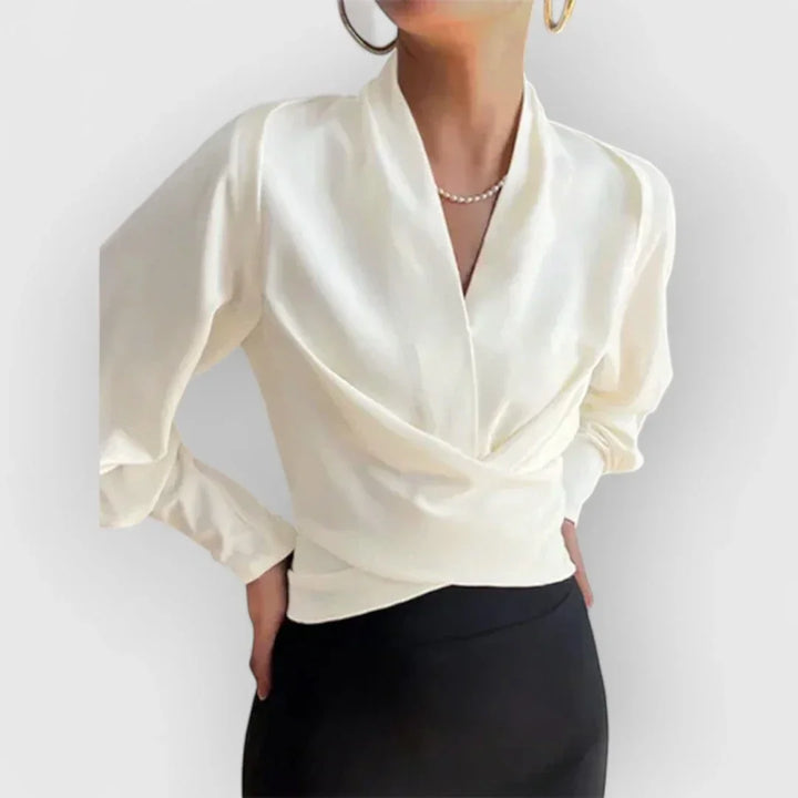 Draped Wrap Front Long Sleeve Fitted Blouse