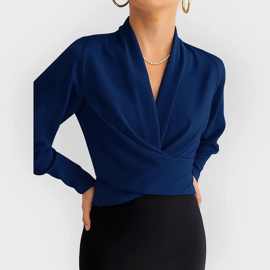 Draped Wrap Front Long Sleeve Fitted Blouse