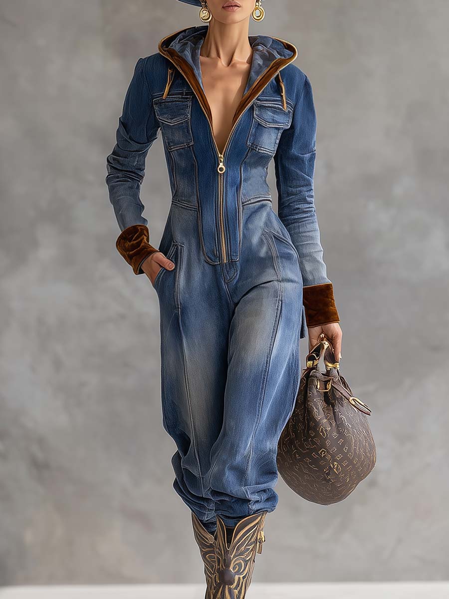 Contrast Trim Hooded Zip Front Long Sleeve Denim Jumpsuit