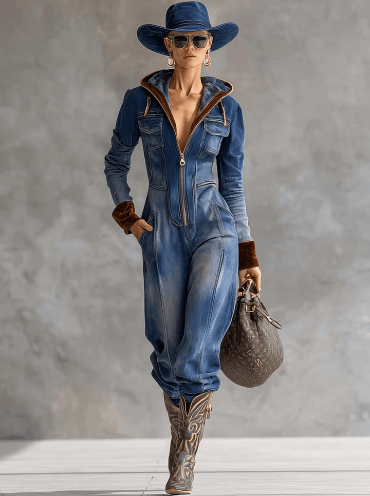 Contrast Trim Hooded Zip Front Long Sleeve Denim Jumpsuit