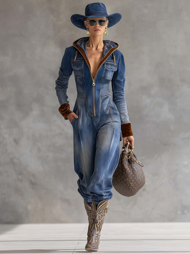 Contrast Trim Hooded Zip Front Long Sleeve Denim Jumpsuit