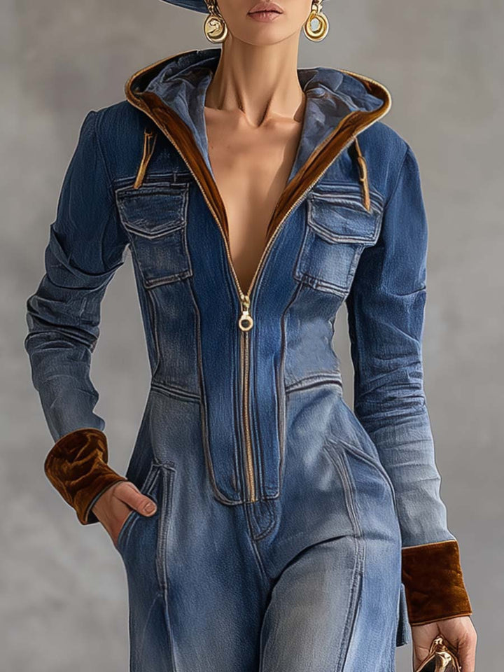 Contrast Trim Hooded Zip Front Long Sleeve Denim Jumpsuit