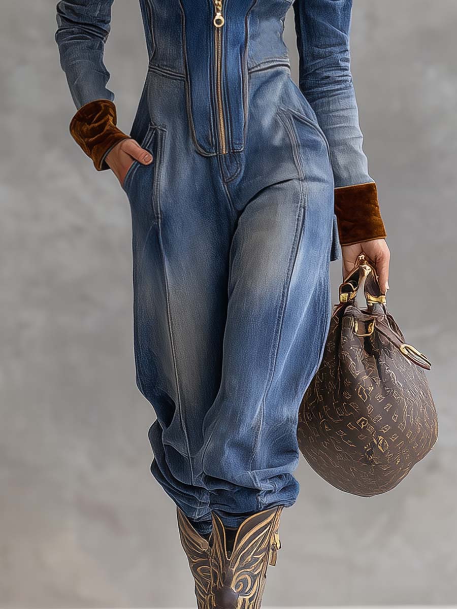 Contrast Trim Hooded Zip Front Long Sleeve Denim Jumpsuit