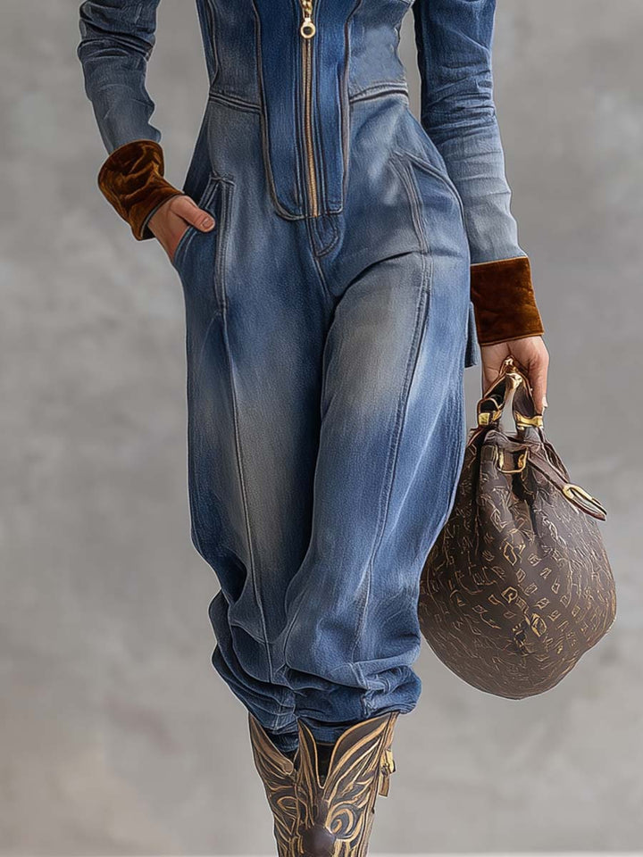Contrast Trim Hooded Zip Front Long Sleeve Denim Jumpsuit