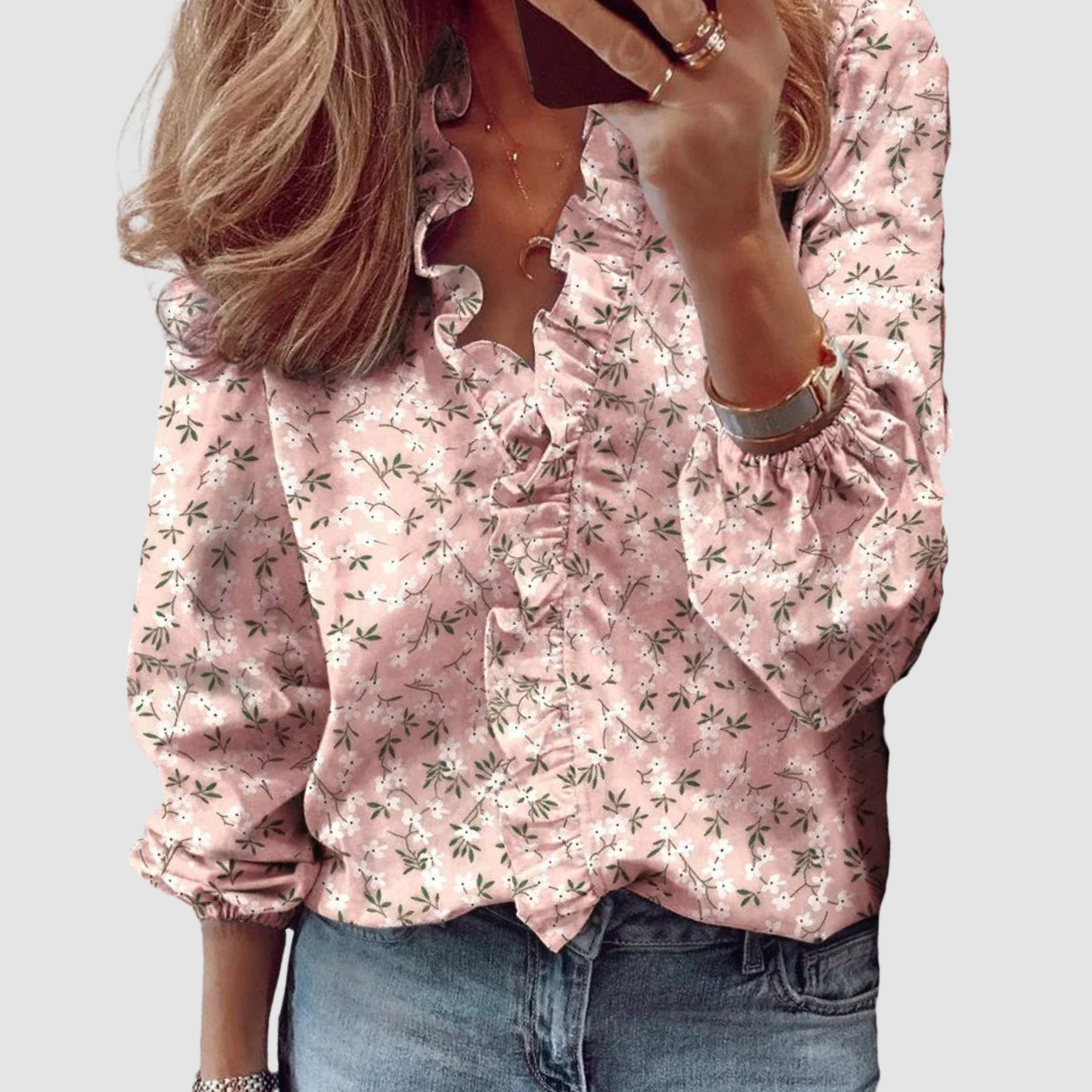 Ditsy Floral Ruffle V-Neck Long Sleeve Casual Blouse