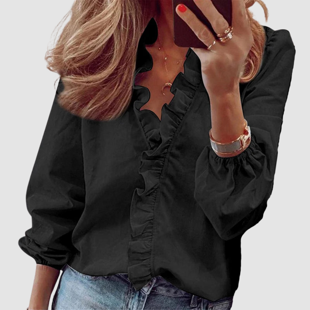 Ditsy Floral Ruffle V-Neck Long Sleeve Casual Blouse
