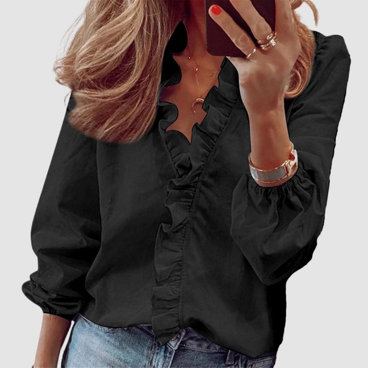 Ditsy Floral Ruffle V-Neck Long Sleeve Casual Blouse