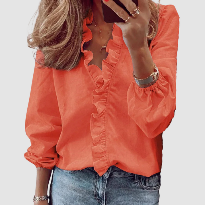 Ditsy Floral Ruffle V-Neck Long Sleeve Casual Blouse