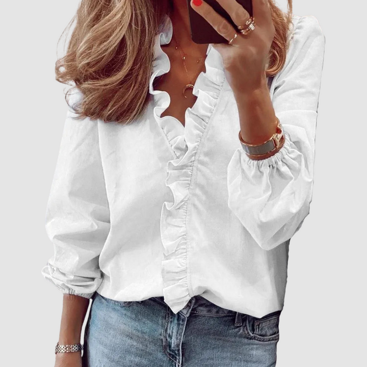 Ditsy Floral Ruffle V-Neck Long Sleeve Casual Blouse