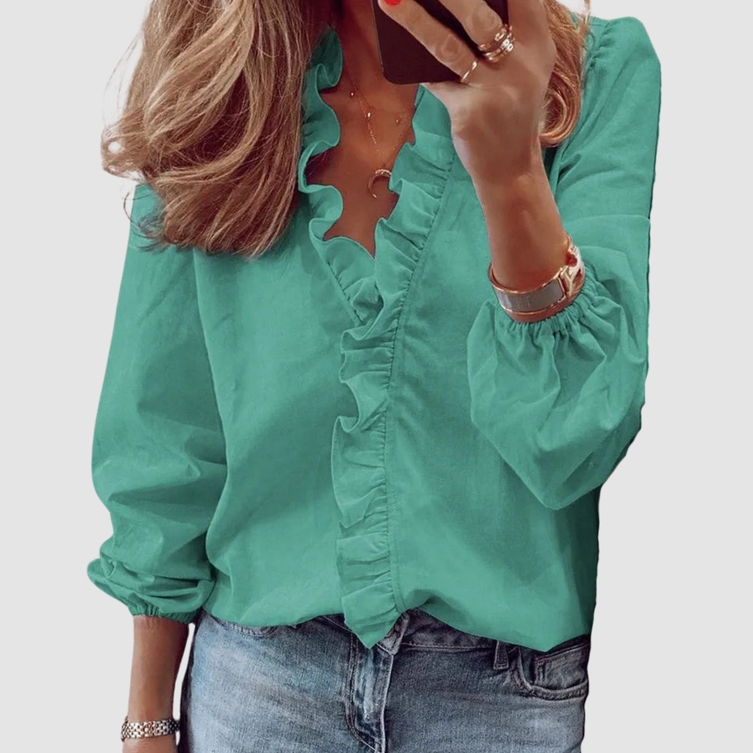 Ditsy Floral Ruffle V-Neck Long Sleeve Casual Blouse