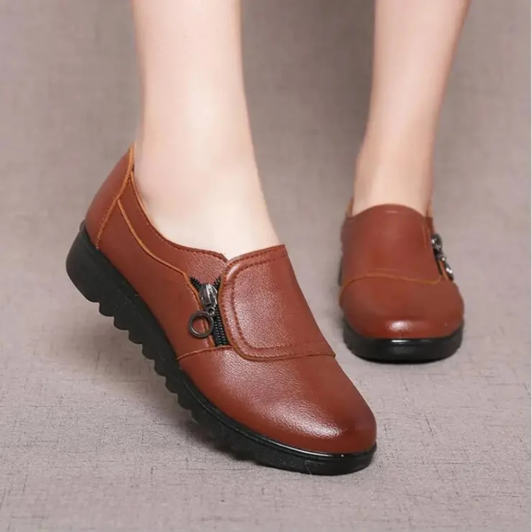 Panel Seam Side Zip Round Toe Slip On Comfort Flat