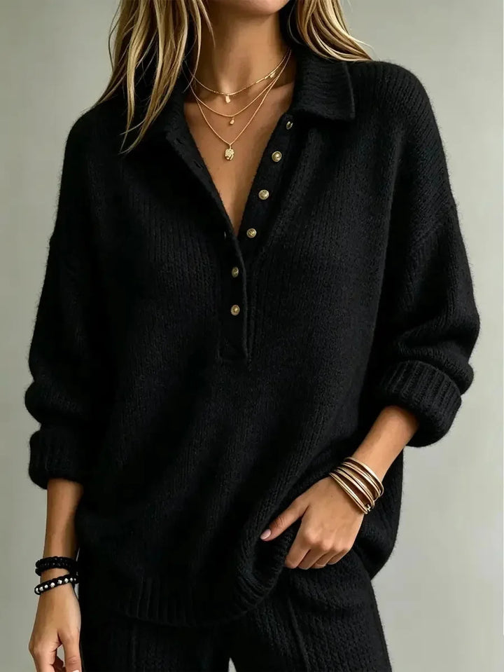 Lottie | Women's Oversized Polo Knit Sweater with Button Placket