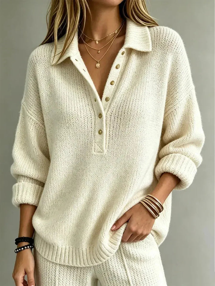 Lottie | Women's Oversized Polo Knit Sweater with Button Placket