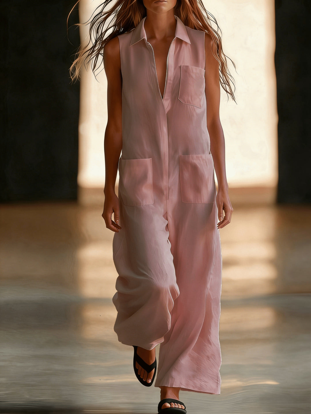 Linen Collared Sleeveless Wide Leg Utility Jumpsuit