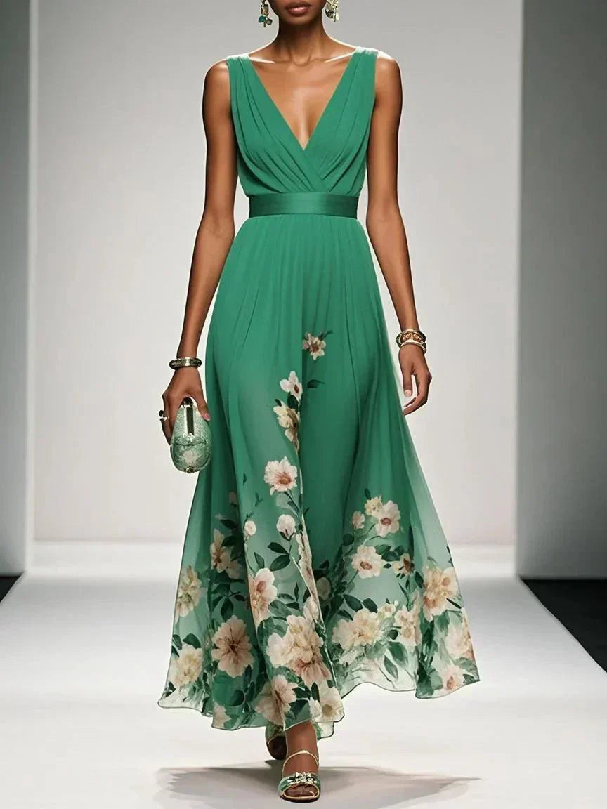 Floral Border Print Deep V Neck Ruched Chiffon Maxi Dress - Wedding Guest