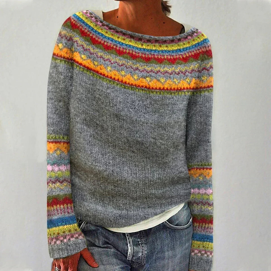 Nadia | Women's Polyester Fair Isle Boat Neck Fall Sweater, Relaxed Knit – Casual
