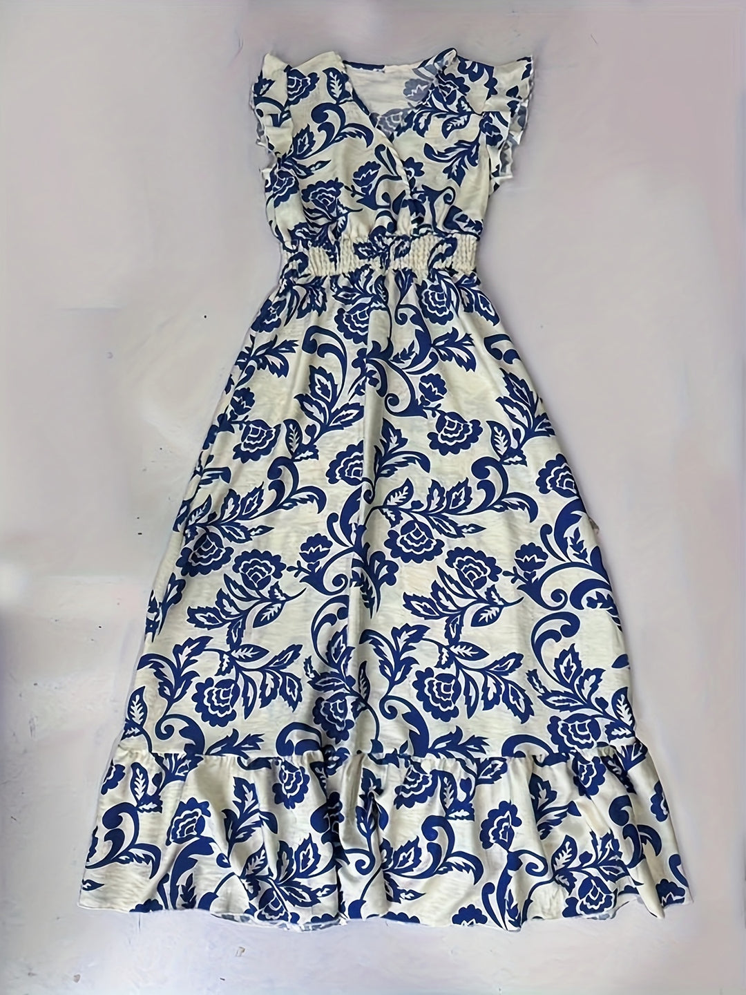 Ruffle Cap Sleeve Wrap V Neck Smocked Waist Maxi Dress