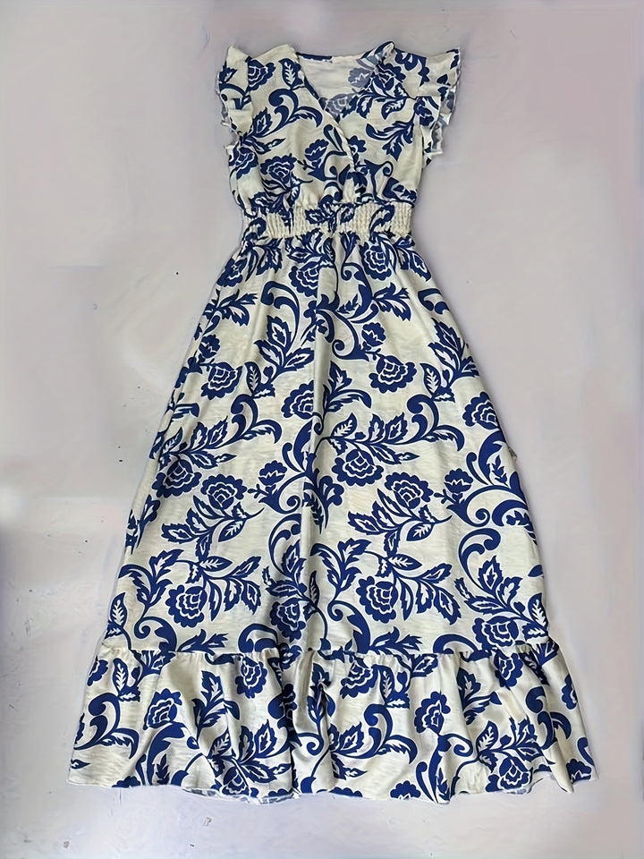Ruffle Cap Sleeve Wrap V Neck Smocked Waist Maxi Dress