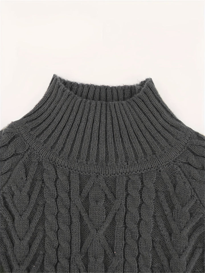 Solveig | Women's Ribbed Puff Sleeve Cable Knit Mock Neck Sweater