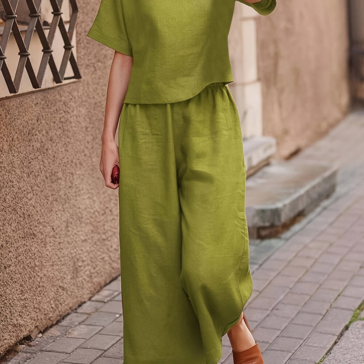 Linen Crew Neck Short Sleeve Top and Wide Leg Pants Set