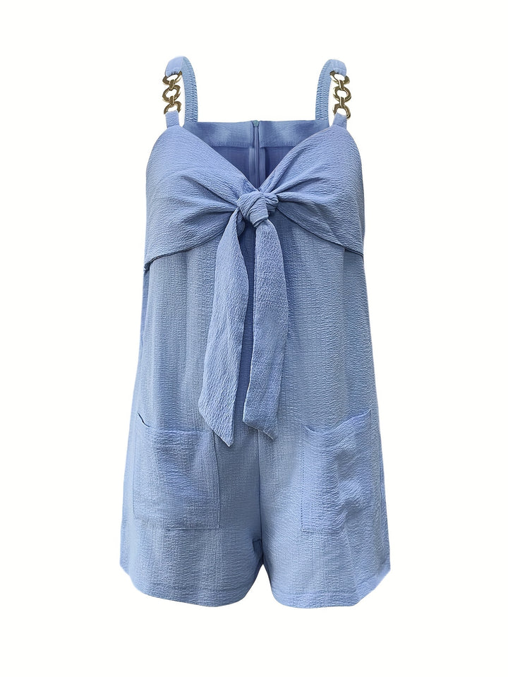 Chain Strap Bow Front Sweetheart Neck Textured Short Romper