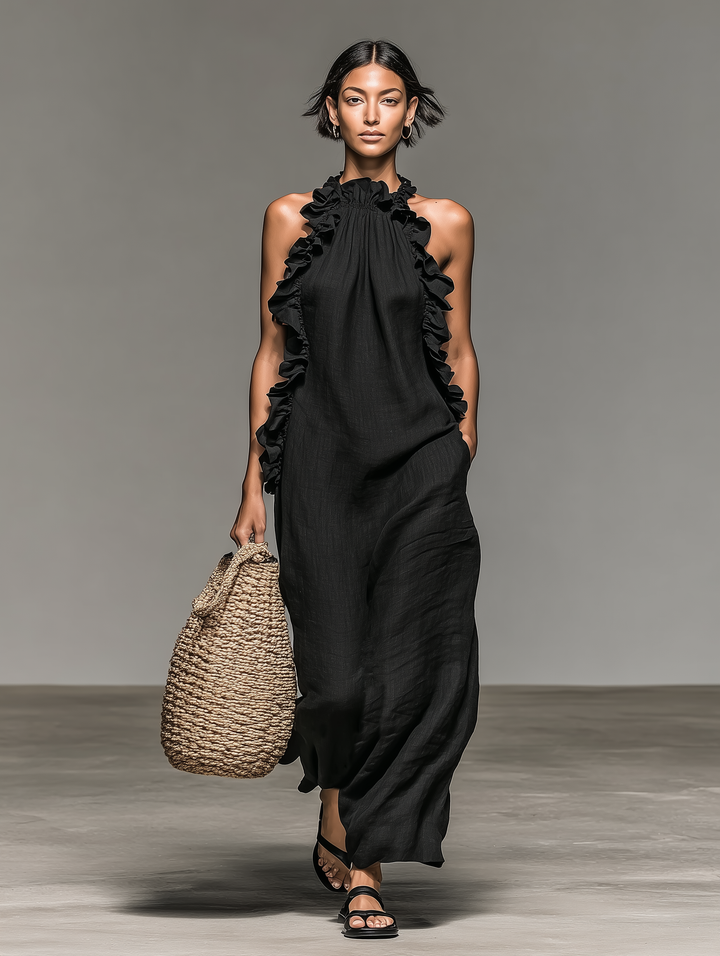 Ruffle Trim Halter Neck Sleeveless Linen Maxi Dress