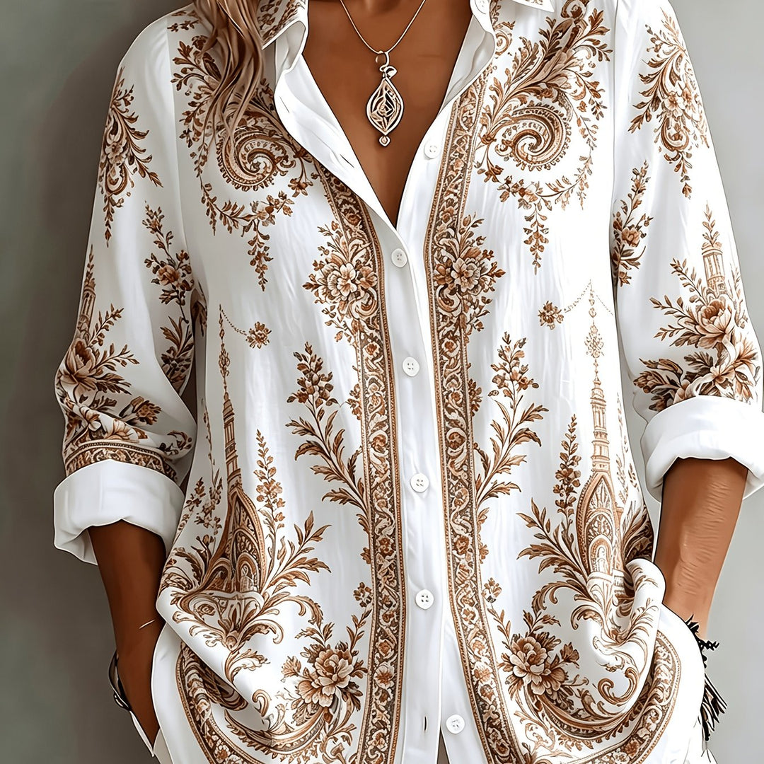 Floral Paisley Print Long Sleeve Oversized Casual Blouse