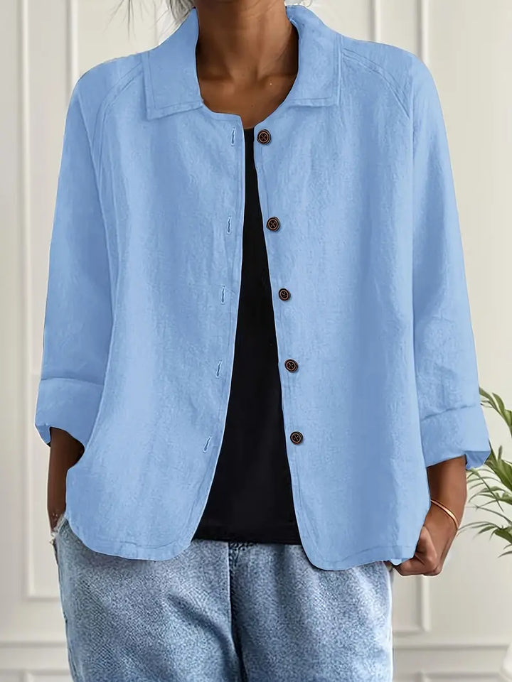 Textured Button Front Collared 3/4 Sleeve Linen Blazer