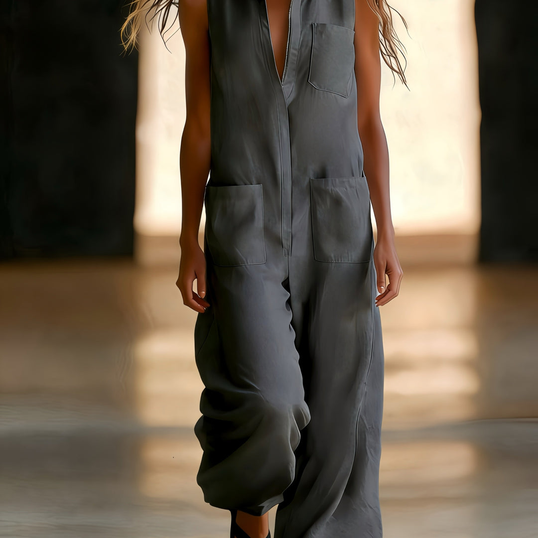 Linen Collared Sleeveless Wide Leg Utility Jumpsuit