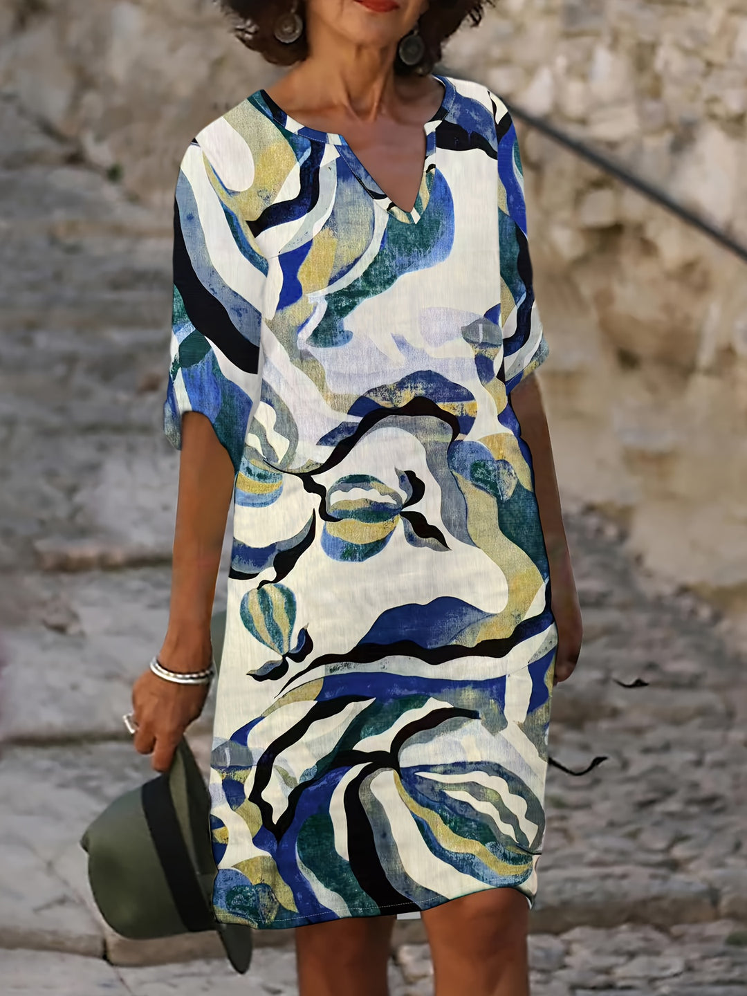 Women's Spring/Autumn Casual Straight-Leg V-Neck Printed Dress