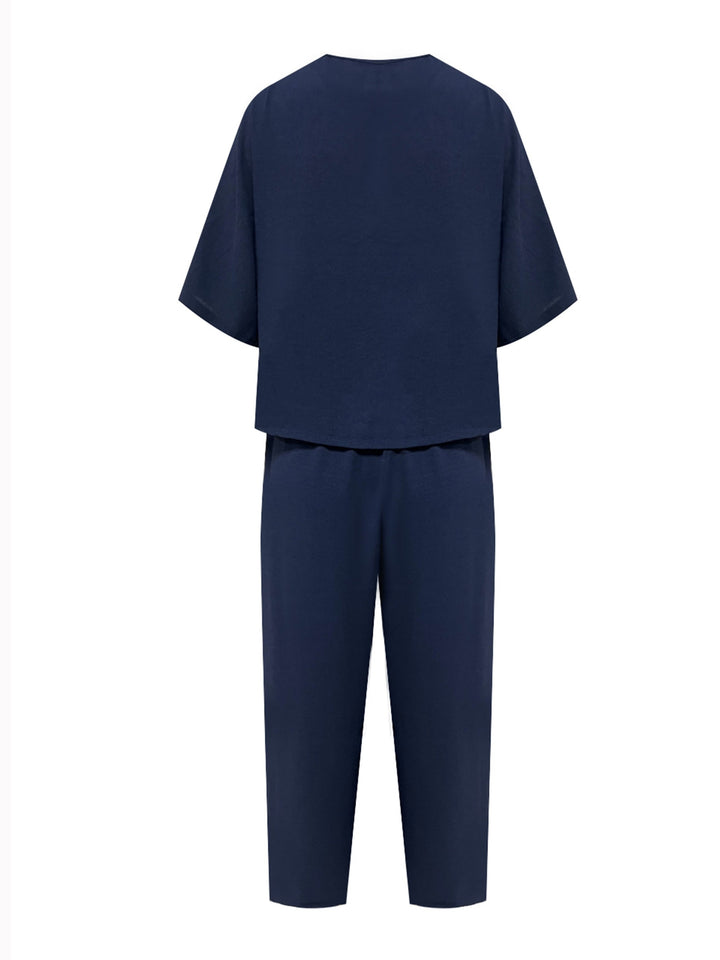 Linen Crew Neck Short Sleeve Top and Wide Leg Pants Set