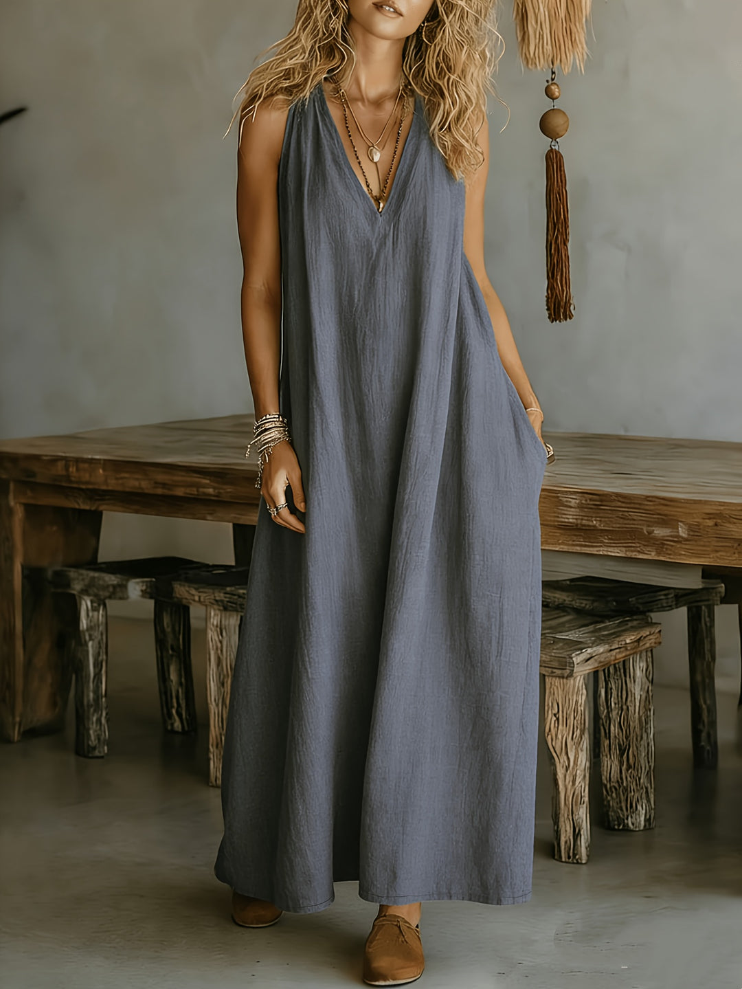 Linen Flowy V Neck Draped Casual Maxi Dress for Vacation