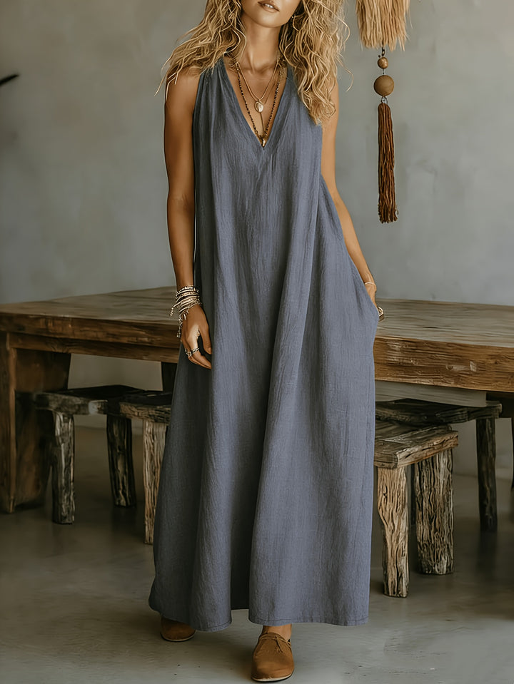 Linen Flowy V Neck Draped Casual Maxi Dress for Vacation