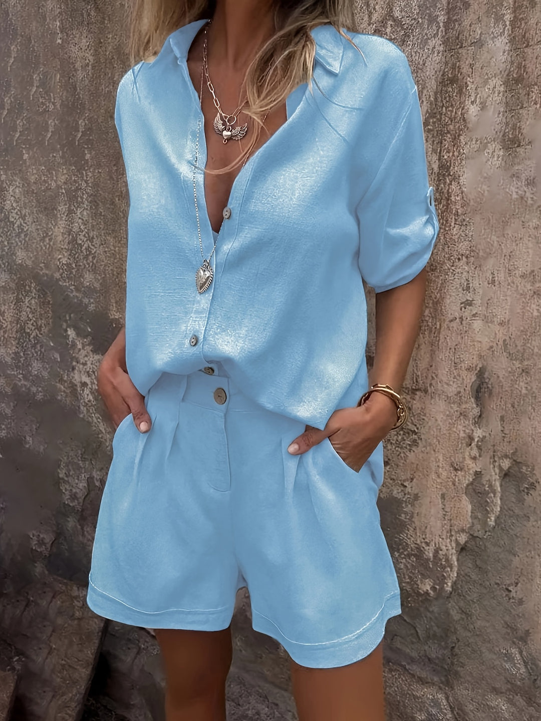 Shimmer Linen Collared Button Down Top and Short Set