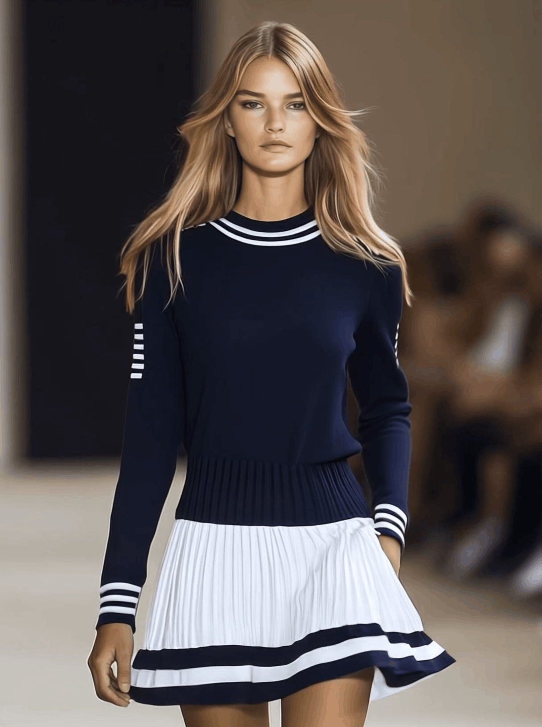Striped Knit Top Contrast Pleated Skirt Mini Dress