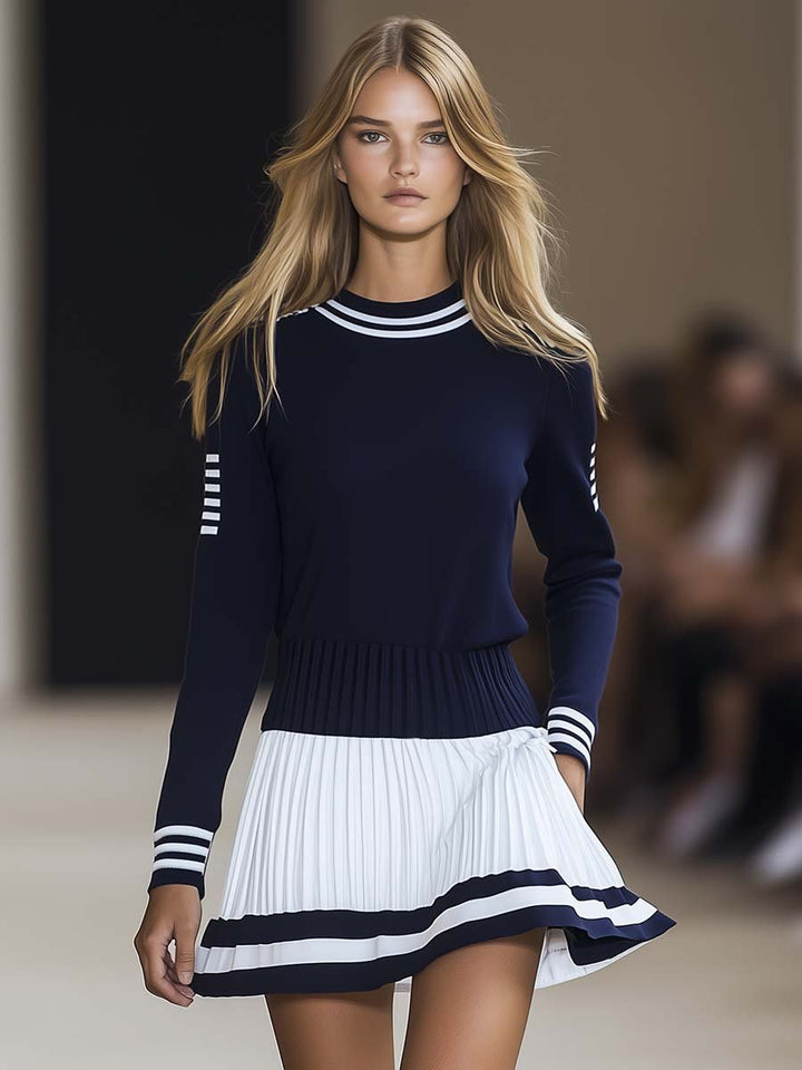 Striped Knit Top Contrast Pleated Skirt Mini Dress