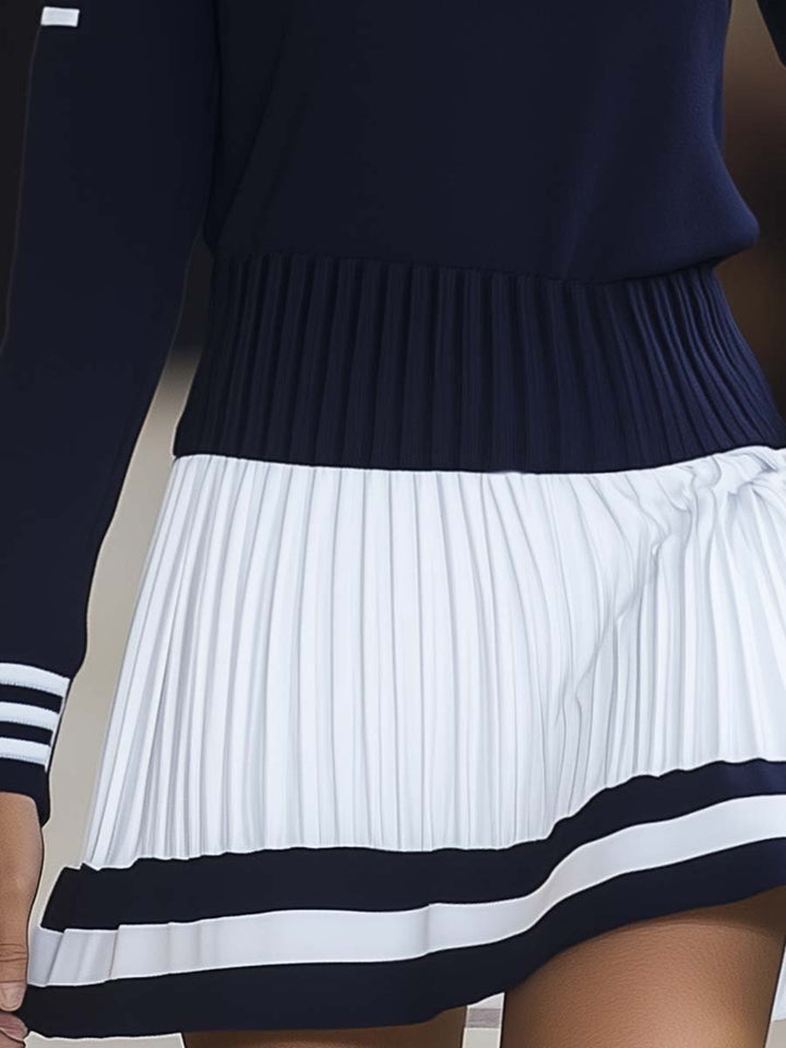 Striped Knit Top Contrast Pleated Skirt Mini Dress