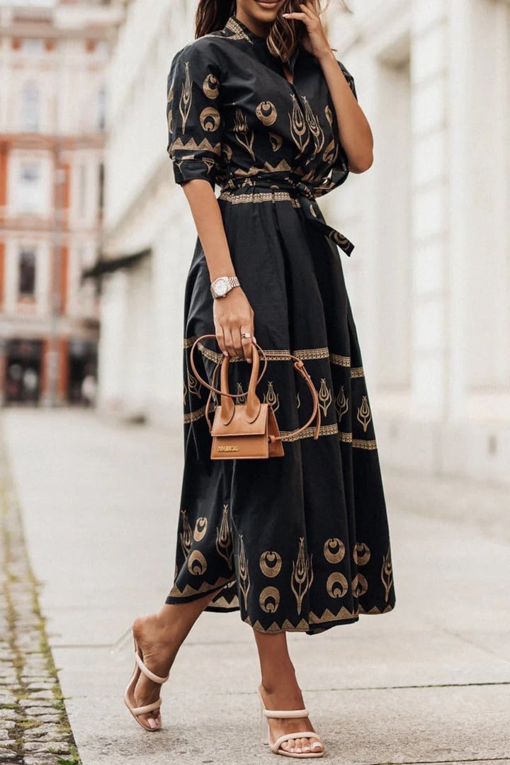 Aztec Print Belted Stand Collar Button Down Flared Midi Dress