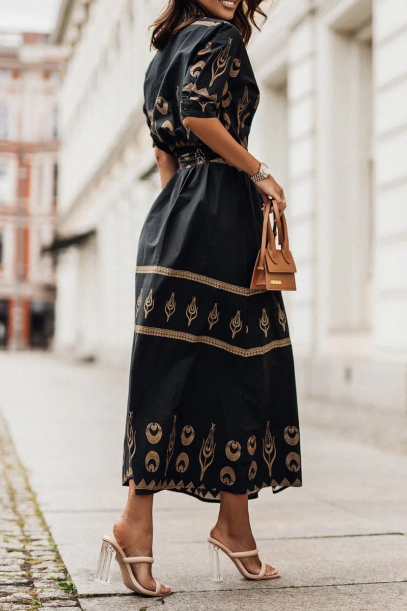 Aztec Print Belted Stand Collar Button Down Flared Midi Dress