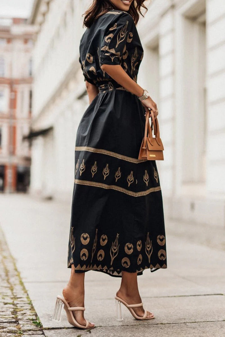 Aztec Print Belted Stand Collar Button Down Flared Midi Dress