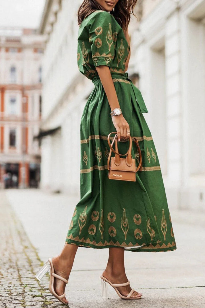 Aztec Print Belted Stand Collar Button Down Flared Midi Dress