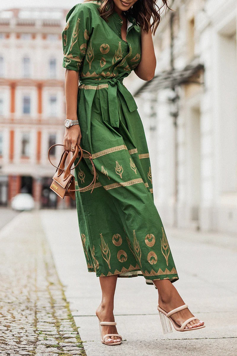 Aztec Print Belted Stand Collar Button Down Flared Midi Dress
