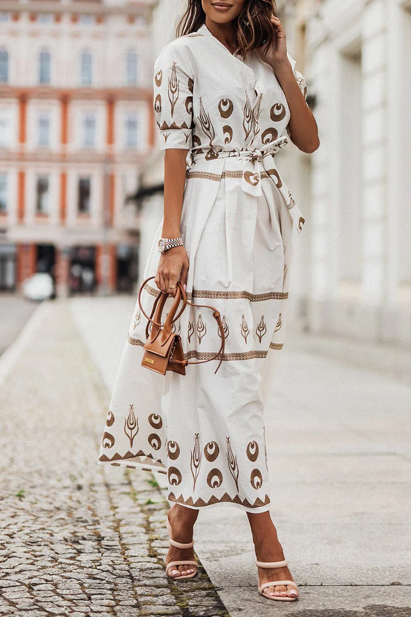 Aztec Print Belted Stand Collar Button Down Flared Midi Dress