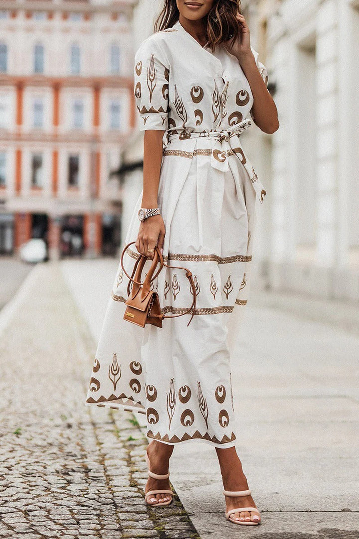 Aztec Print Belted Stand Collar Button Down Flared Midi Dress