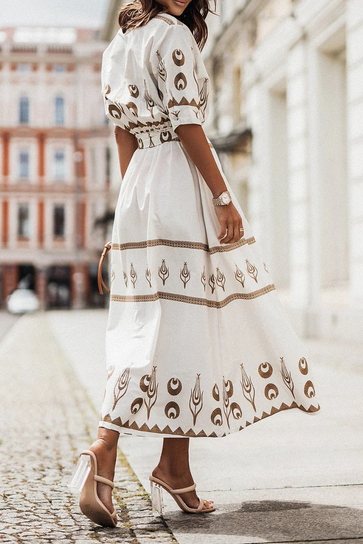 Aztec Print Belted Stand Collar Button Down Flared Midi Dress