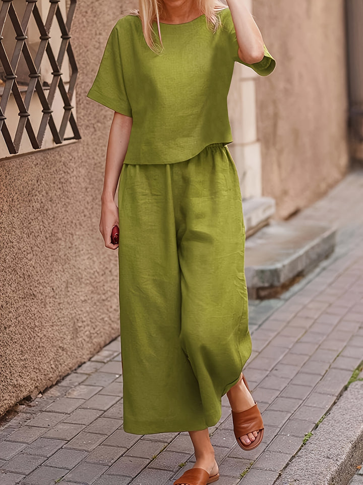 Linen Crew Neck Short Sleeve Top and Wide Leg Pants Set