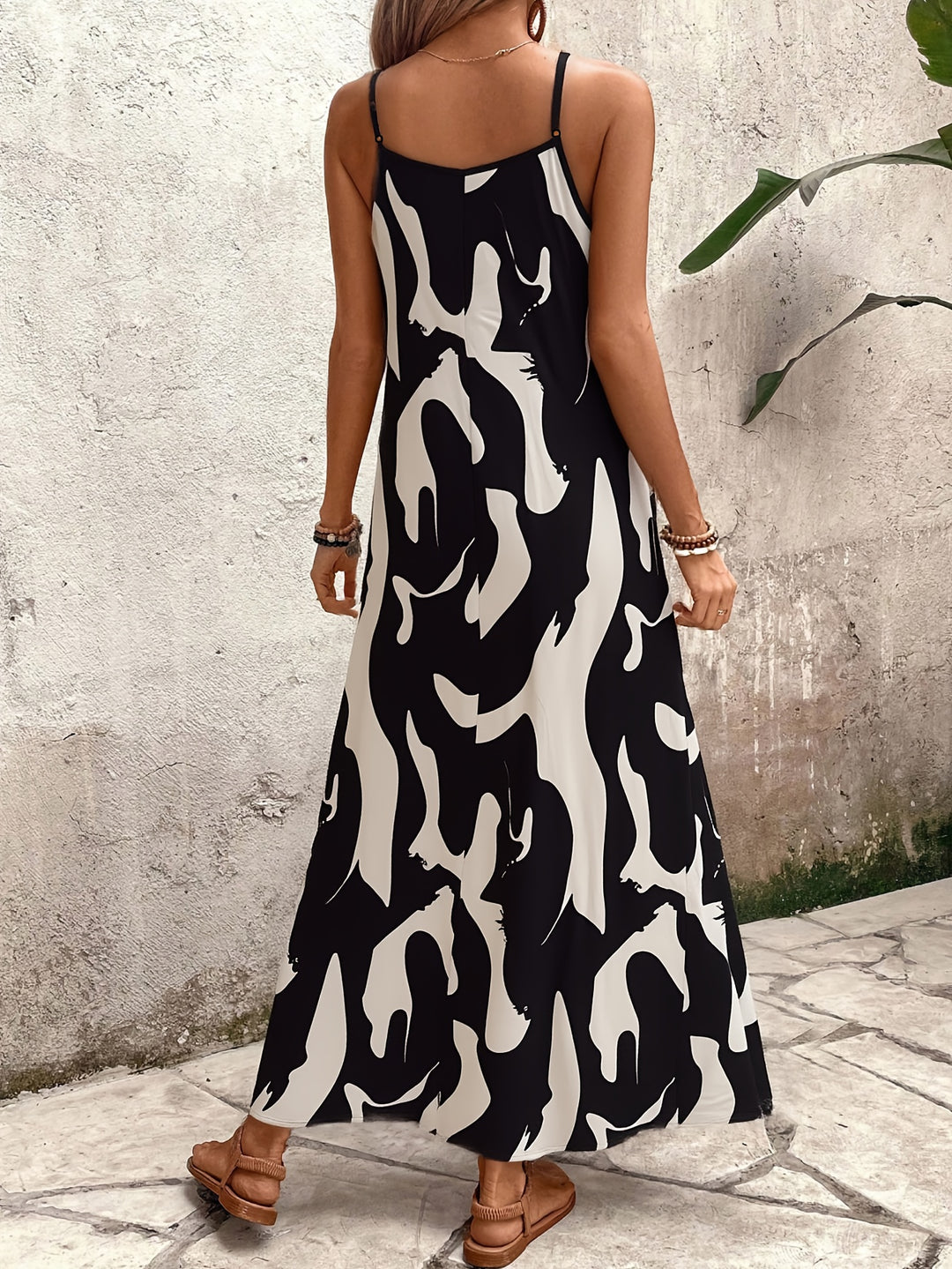 Abstract Camo Print Spaghetti Strap V Neck Flowy Maxi Dress